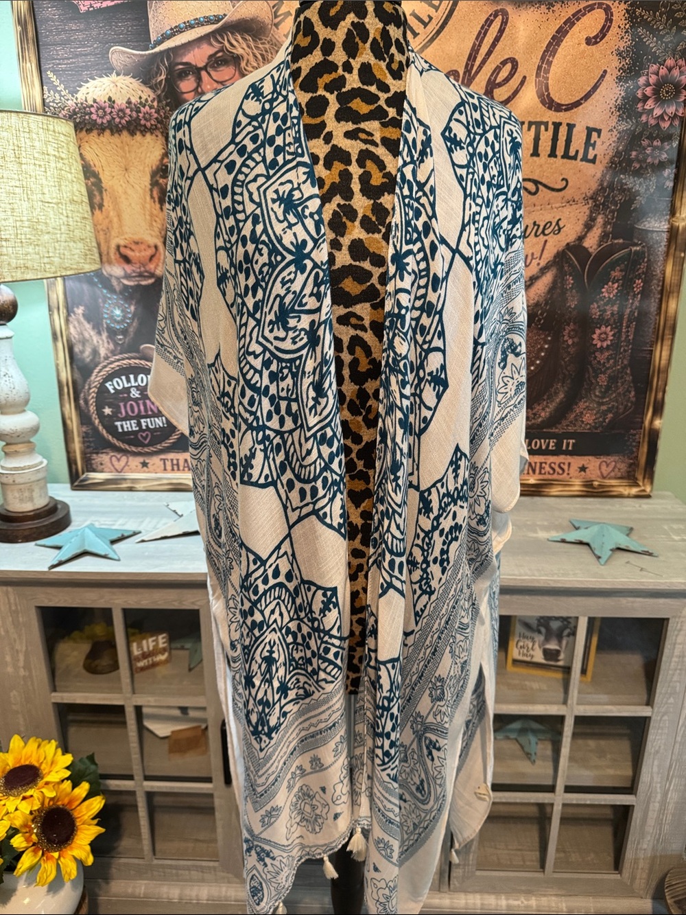 Ruggine Boho Blue and Cream Printed Shawl Wrap